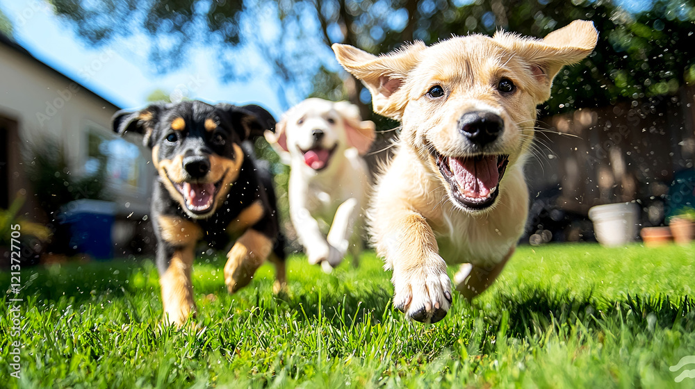 Joyful Puppies Running on Grass: Adorable Dog Photos Joyful Puppies Running on Grass: Adorable Dog Photos