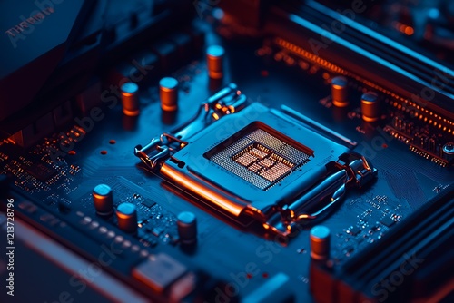 Close up of a microprocessor on the motherboard of a computer