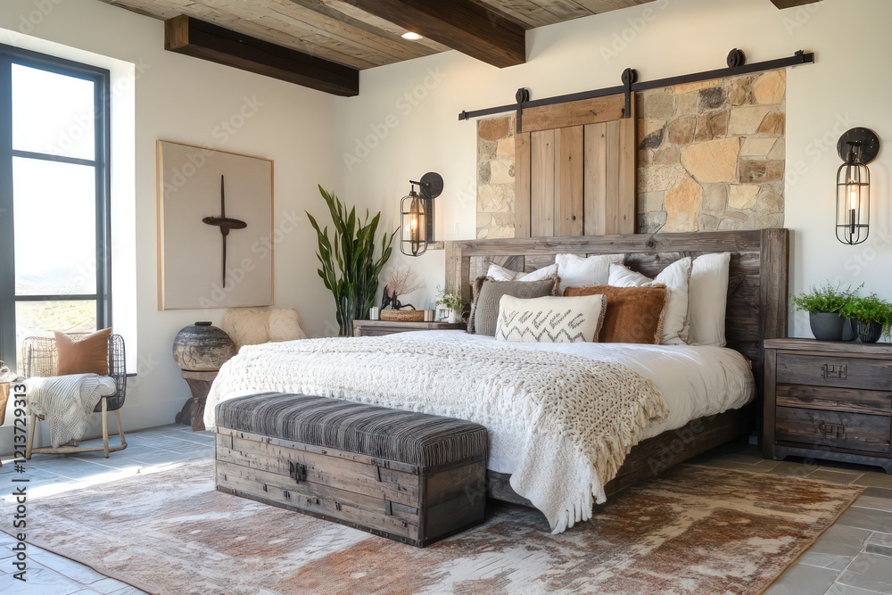 Fototapeta premium A rustic bedroom featuring reclaimed wood furniture, stone accents, and earthy tones. Incorporate a large bed, vintage lighting fixtures, and cozy textiles
