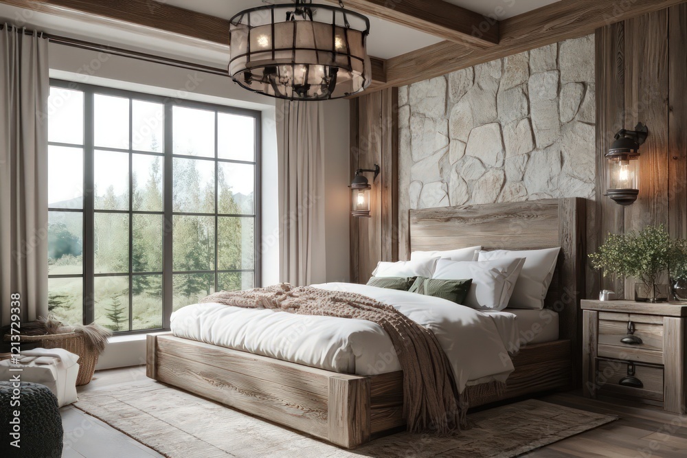 Fototapeta premium A rustic bedroom featuring reclaimed wood furniture, stone accents, and earthy tones. Incorporate a large bed, vintage lighting fixtures, and cozy textiles