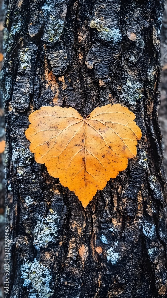 Heart Shaped Autumn Leaf on Tree Bark Romantic Nature Backdrop Heart Shaped Autumn Leaf on Tree Bark Romantic Nature Backdrop