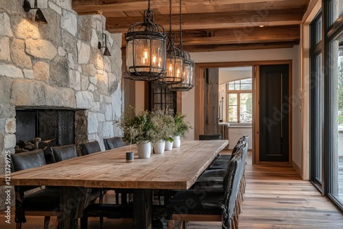 A rustic dining room featuring reclaimed wood furniture, stone accents, and earthy tones. Incorporate a large farmhouse table, vintage lighting fixtures