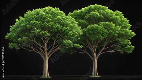 3D Rendering of  Front, Left and Top views of Tree (Sabina Pingii) with alpha mask to cutout and PNG editing. Forest and Nature Compositing. photo