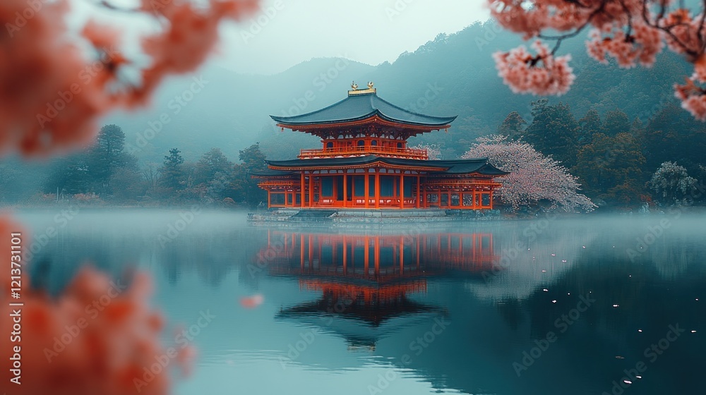 Obraz premium Misty Japanese Pagoda, Cherry Blossoms, Spring, Calm Lake, Travel Poster