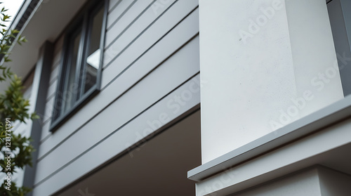 Modern Architectural Design  Sleek Grey Siding and Crisp White Columns of a Contemporary Home Exterior