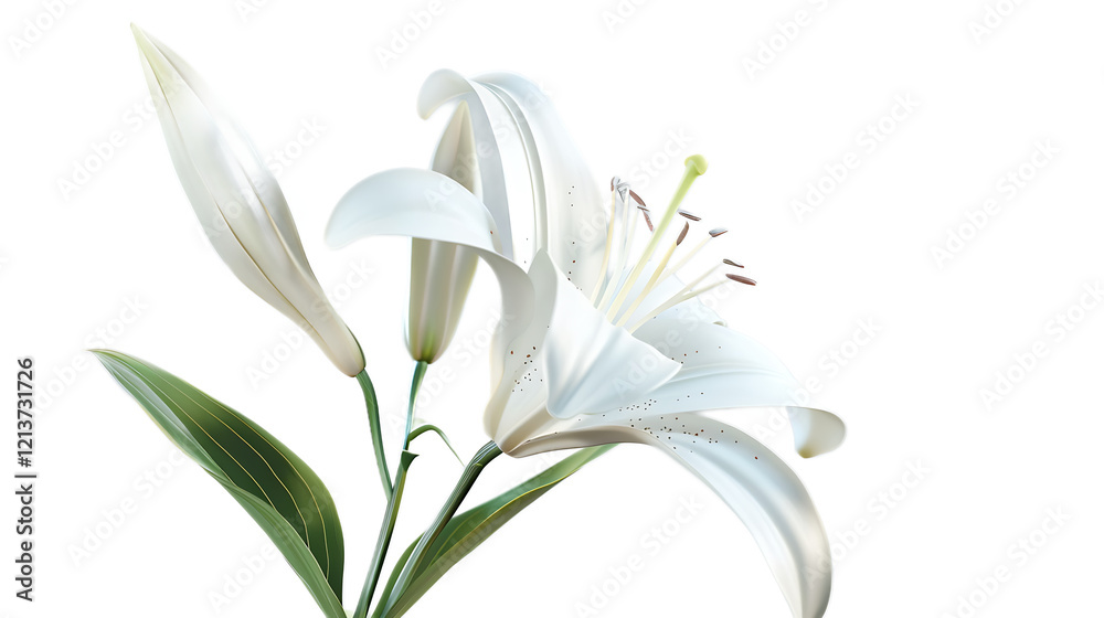 Fototapeta premium A delicate white lily flower against a transparent background.
