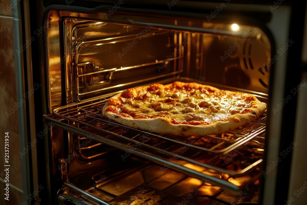 Perfectly baked pizza in a home oven in the evening light Perfectly baked pizza in a home oven in the evening light