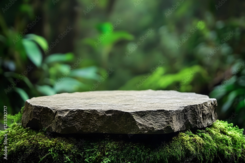 detailed shot of textured stone podium resting on mossy surface, surrounded by vibrant greens and natural rainforest elements, ideal for organic and artistic themes.