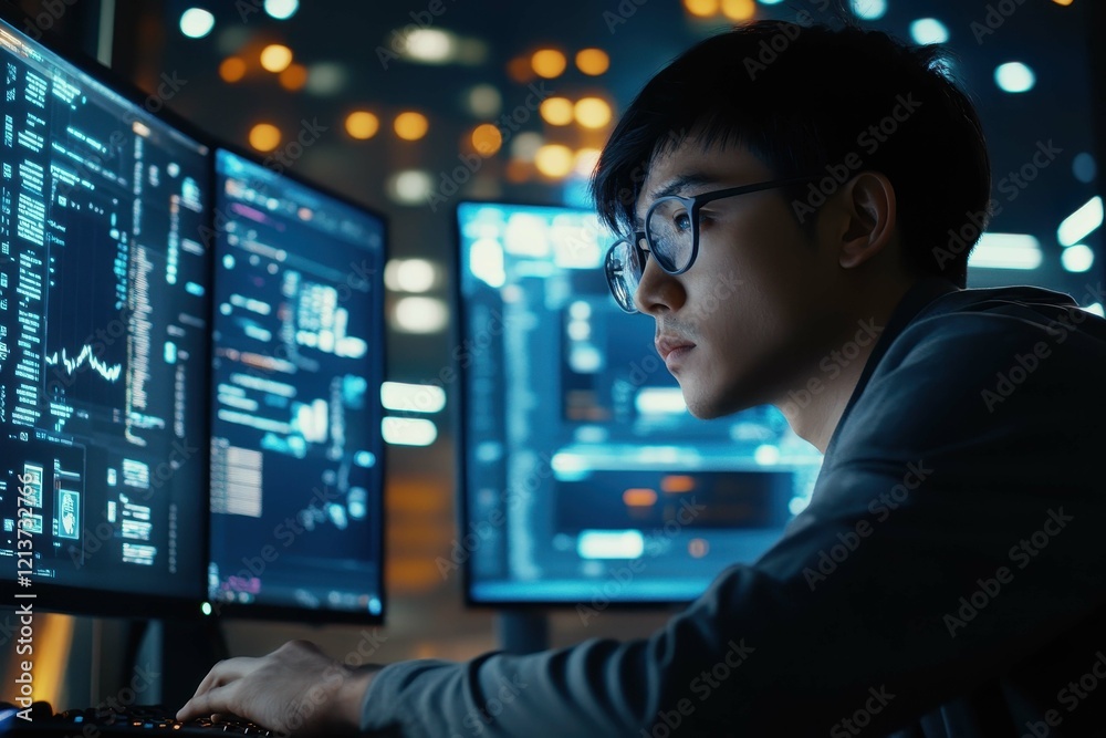 Focused programmer analyzes data on multiple screens in a modern tech workspace during nighttime Focused programmer analyzes data on multiple screens in a modern tech workspace during nighttime
