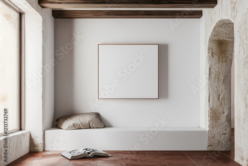 Reading corner with a blank canvas above and warm mahogany floors beneath in soft light.