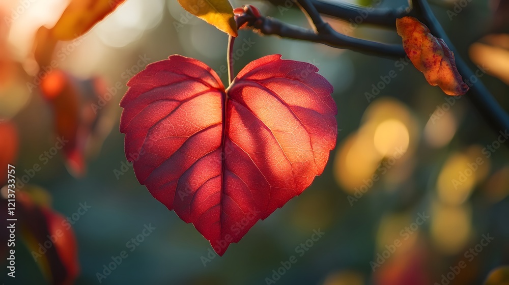 Red Heart Shaped Autumn Leaf on Tree Branch with Soft Focus Bokeh Background Red Heart Shaped Autumn Leaf on Tree Branch with Soft Focus Bokeh Background