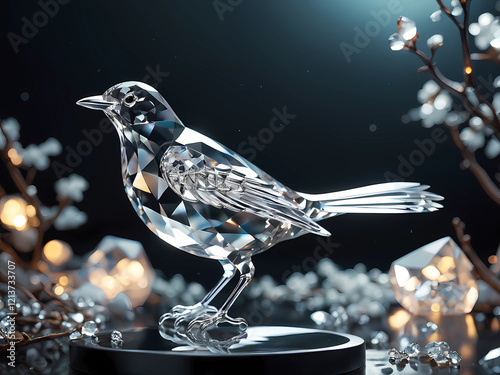 a clear crystal bird figure in white swarovski style, high detail, detailed behance instagram underground 4k