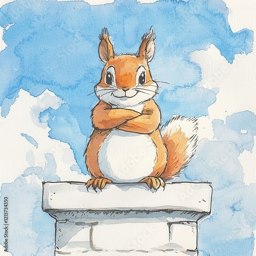 Charming chubby squirrel watercolor painting outdoor nature scene whimsical art style playful environment creative perspective animal concept photo