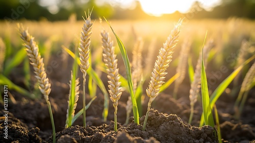 Grains in fertile soil illuminated by warm light filtering through the trees
