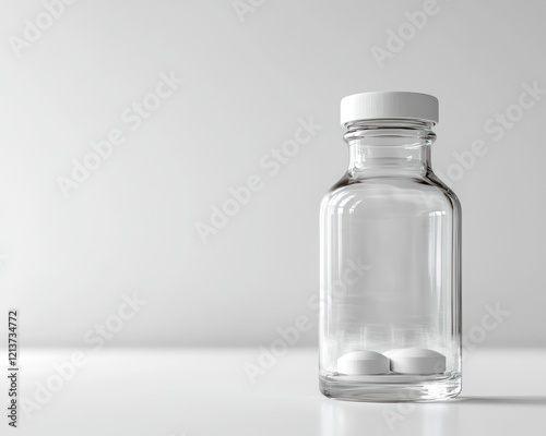 Close-up view of a clear glass supplement bottle mockup with no label, reflecting light.