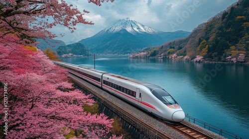 Scenic Japan train ride, cherry blossoms, mountain lake