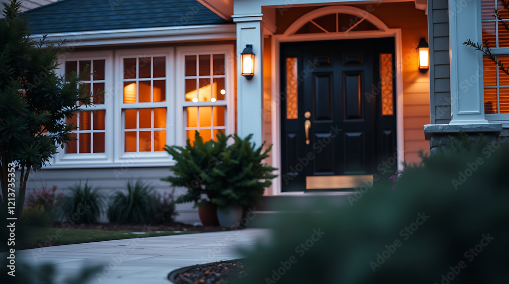 Obraz premium Illuminated House Entrance at Night: Captivating View of Home Exterior, Landscaping, and Architectural Details