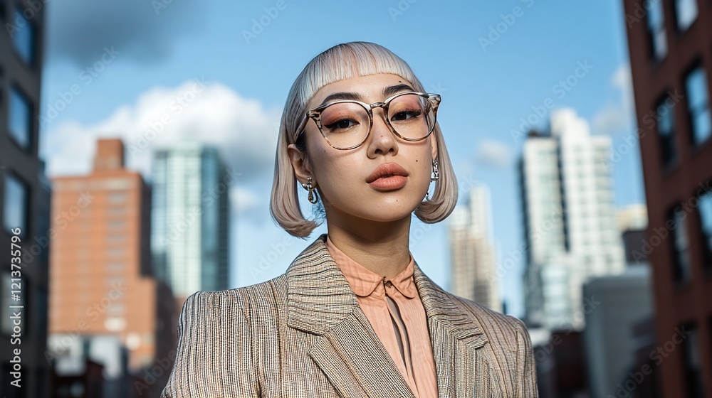 A confident individual with vitiligo dressed in a chic outfit standing against a dramatic urban backdrop. A confident individual with vitiligo dressed in a chic outfit standing against a dramatic urban backdrop.