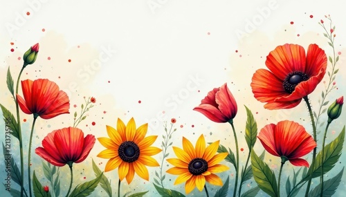 Bold watercolor poppies & sunflowers, vibrant colors, design, intense