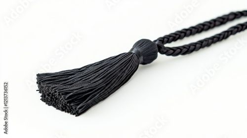 Black braided cord tassel on white background