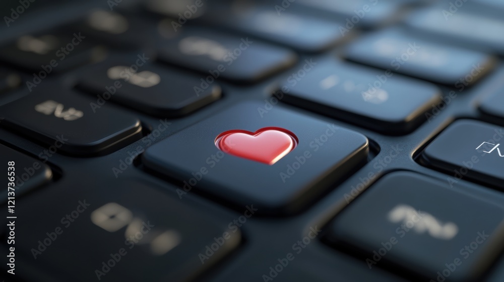 Red Heart Icon on Dark Laptop Keyboard Online Love Digital Romance Technology Concept Red Heart Icon on Dark Laptop Keyboard Online Love Digital Romance Technology Concept