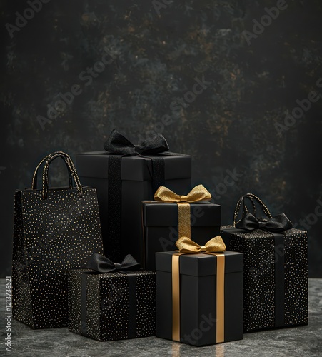 Sleek black gift packaging with gold stripes, displayed with tote bags on a dark surface.