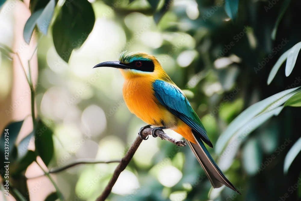 Obraz premium Blue-crowned Motmot perched on branch, jungle foliage