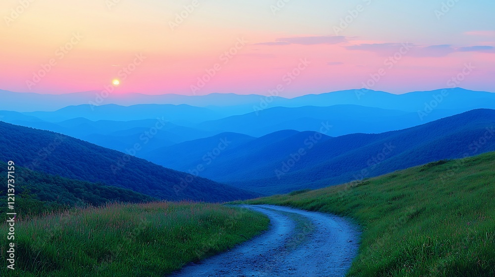 Scenic sunset over rolling blue mountains with a winding dirt road. Scenic sunset over rolling blue mountains with a winding dirt road.