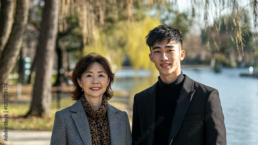 Asian mother and son standing together at nature city park, family portrait Asian mother and son standing together at nature city park, family portrait