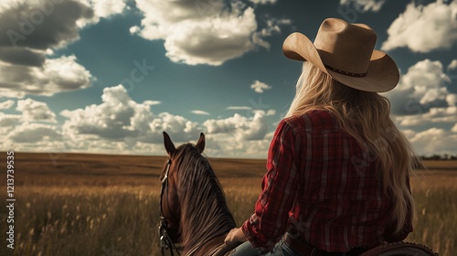 A redneck woman on horseback wearing a cowboy hat and a flannel shirt gazing confidently at the open plains.