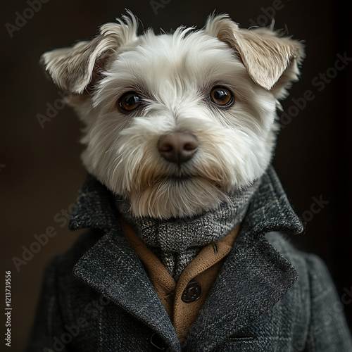 Dapper white schnauzer dressed in stylish coat, exuding charm and elegance. This fashionable dog showcases unique personality with its well tailored outfit photo