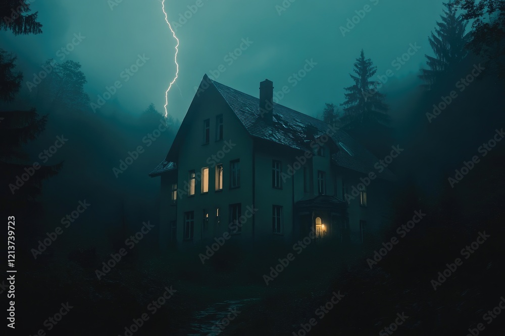 Mysterious House, Stormy Night, Forest Mysterious House, Stormy Night, Forest
