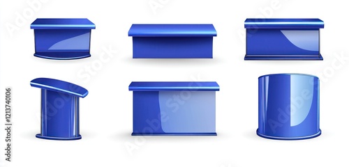 Glossy royal blue promotional stands, displayed from front, side, and top view on a white background.