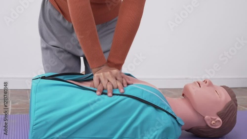 A female demonstrates CPR using dummy during life-saving training sessions,equipping participants with essential emergency skills ensure safety, provide critical care,respond effectively emergencies
