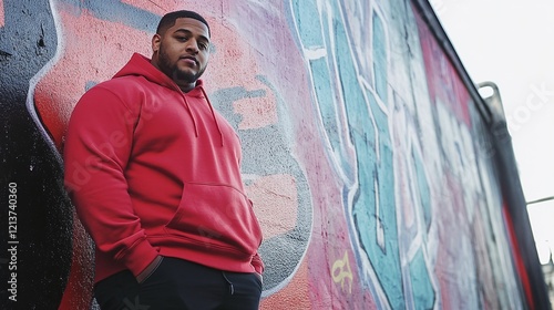 A young man with a larger build confidently posing in a casual hoodie with a bright graffiti wall in the background. photo