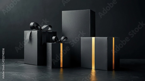 Luxe black bags and a golden-striped box set against a dark background for display.
