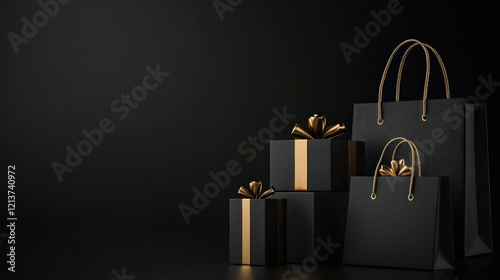 Black gift boxes with gold highlights and shopping totes displayed on a dark canvas backdrop.