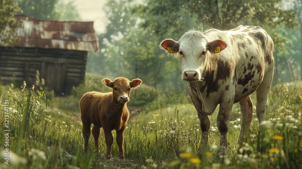 A young calf standing beside an adult cow in a peaceful rural setting. A young calf standing beside an adult cow in a peaceful rural setting.