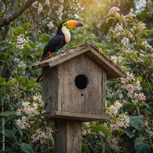 A toucan perched on the edge of a rustic wooden birdhouse, its bright beak and curious gaze drawing attention. The birdhouse is nestled in a flowering tree, with vines and tiny blossoms wrapping aroun photo