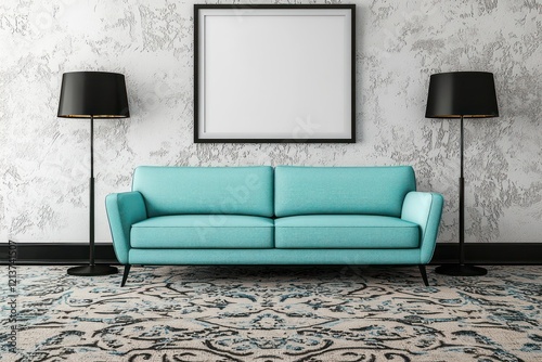 Cozy living area with turquoise loveseat, wall-mounted frame, and modern lamps on a carpeted floor.