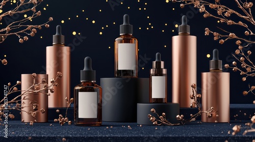 Luxury skincare items in amber glass and matte black bottles, displayed on rose gold podiums.