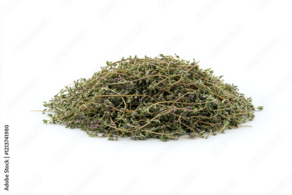 Organic thyme displayed in a beautifully arranged pile presenting sharp details and natural textures against a clean background Organic thyme displayed in a beautifully arranged pile presenting sharp details and natural textures against a clean background