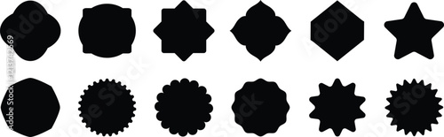 Black starburst sticker set. Price sticker, sale sticker, price tag, starburst, quality marks, retro silhouettes. Sunburst retro sale badge, quality signs, sale icons, star blank label. 