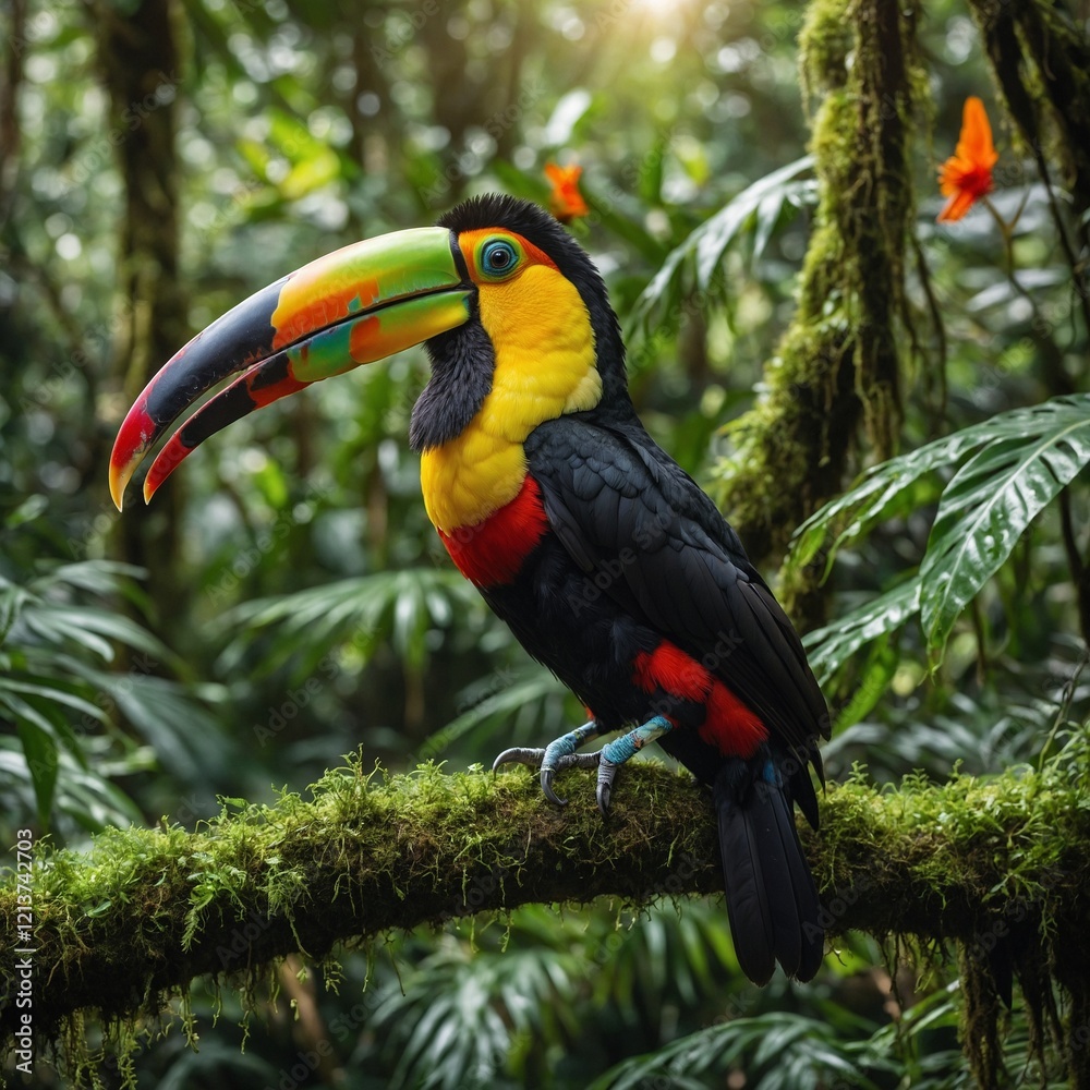 A vibrant toucan with a large, colorful beak sitting on a mossy branch surrounded by dense, lush rainforest. The scene is alive with vibrant green foliage, bright flowers, and a few butterflies flutte A vibrant toucan with a large, colorful beak sitting on a mossy branch surrounded by dense, lush rainforest. The scene is alive with vibrant green foliage, bright flowers, and a few butterflies flutte