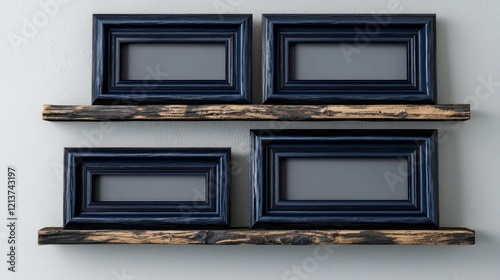 Striking navy blue frames on rustic shelves create a clean, minimalist design for art display.