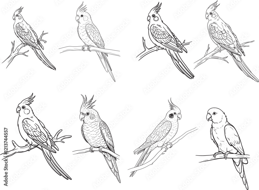 Fototapeta premium Cute flat vector realistic parrot Cockatiel sitting on a branch Exotic tropical bird Domestic parrot
