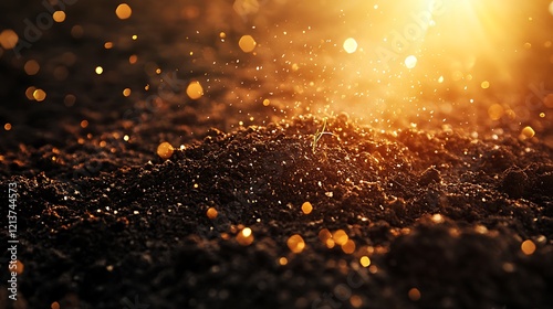 Grains in freshly tilled soil with a soft, glowing light illuminating the scene photo