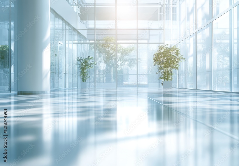 Modern Bright and Spacious Office Interior with Large Glass Windows, Reflective Floor, and Green Plants Creating a Relaxed and Inviting Atmosphere Modern Bright and Spacious Office Interior with Large Glass Windows, Reflective Floor, and Green Plants Creating a Relaxed and Inviting Atmosphere