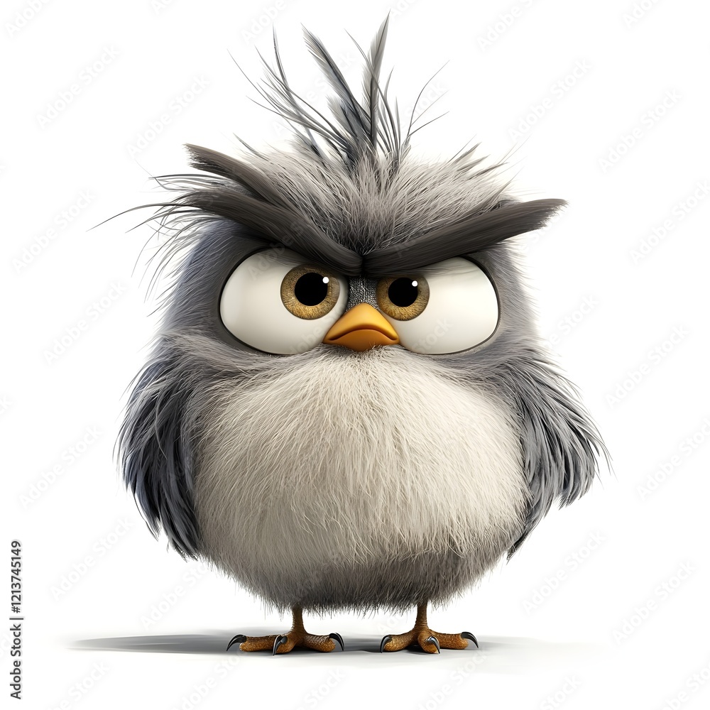 Fototapeta premium a gray, angry-looking bird. It's stylized like a cartoon character, with large, expressive eyes, a fluffy body, and spiky, messy hair.