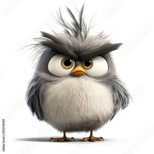 a gray, angry-looking bird. It's stylized like a cartoon character, with large, expressive eyes, a fluffy body, and spiky, messy hair. 